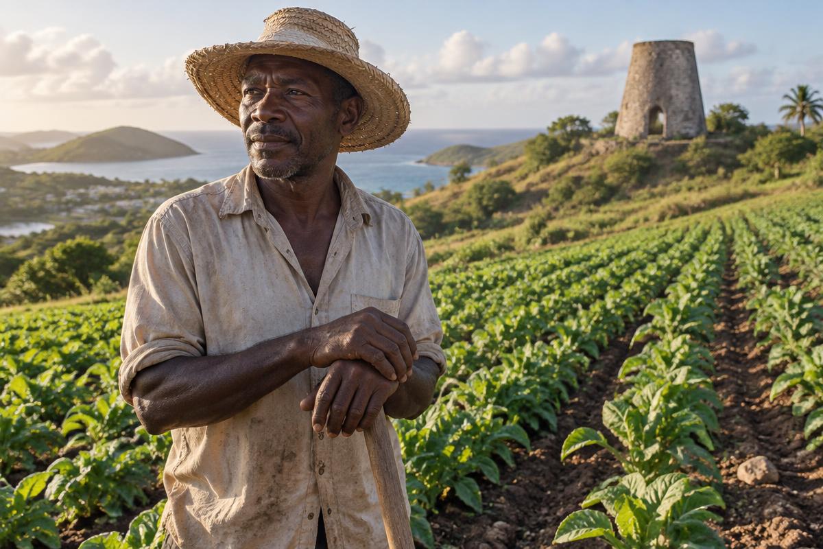 A farmer on Antiguan hillside farmland with the coast and a sugar mill ruin behind.